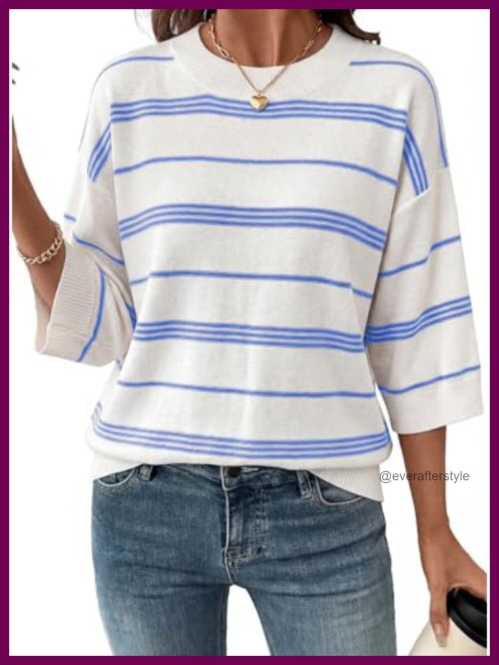 Oversized 3/4 Sleeve Striped Knit Pullover Sweater